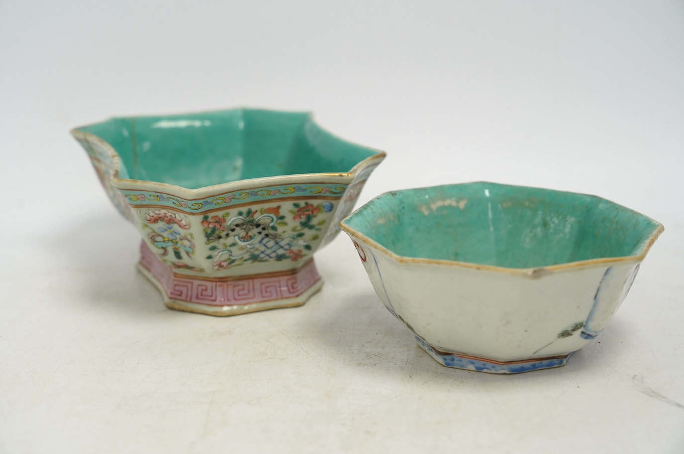 A Chinese famille rose octagonal bowl and another, both Tongzhi mark and period (1862-1874), largest 16cm wide. Condition - rectangular dish is damaged, bowl is fair, chip to the top rim